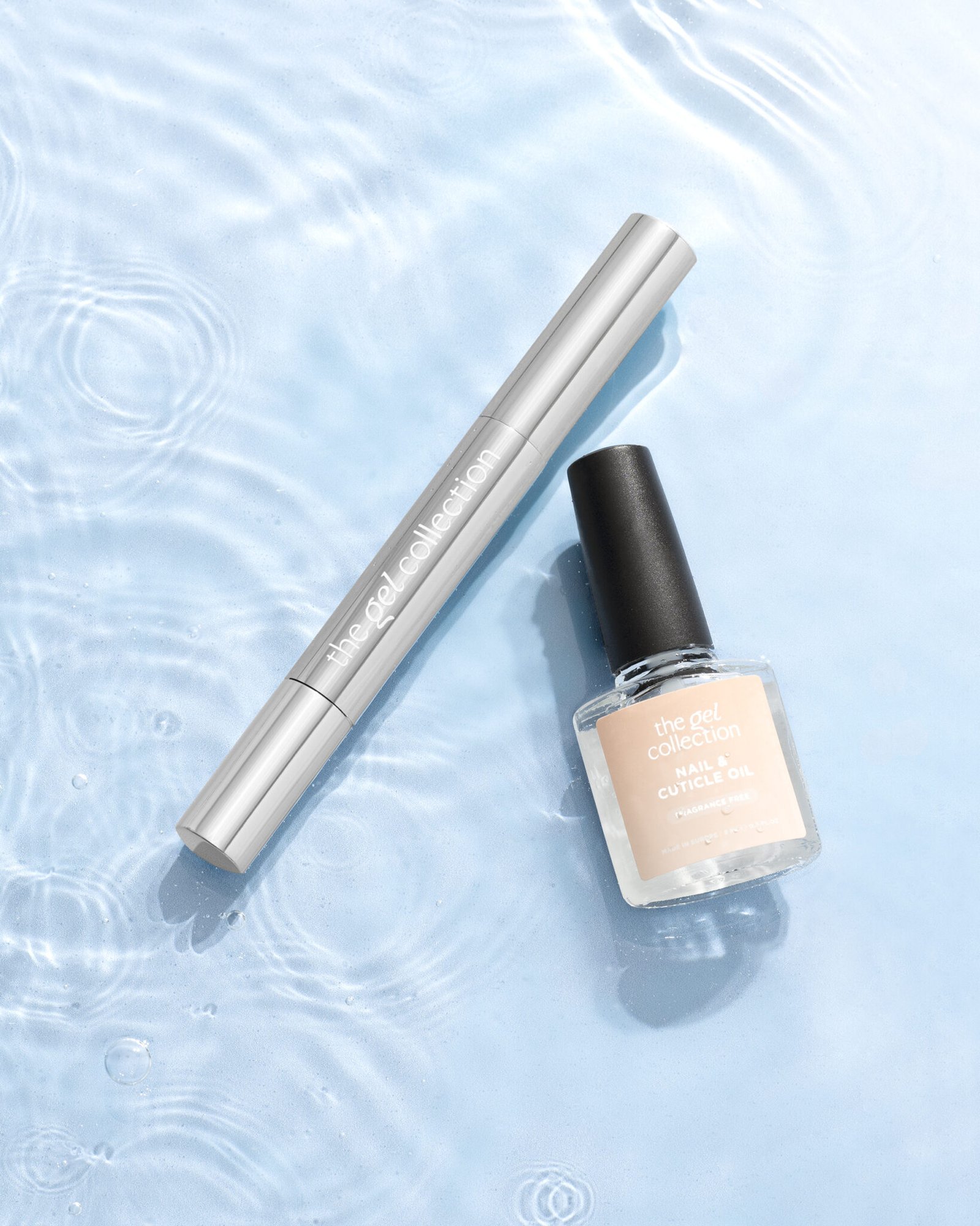 Product photography campaign photography with nail products in water. Silver and blue colors